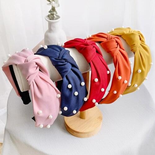 Fashion Solid color Pearl Headband Women Hair Accessories Knotted PU Leatherwear Hair Band ladies Broadside Hair Hoop FG071