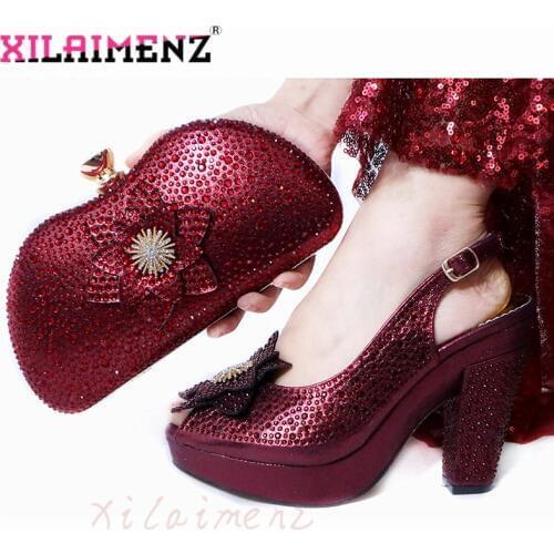 Latest Italian Spring Sandals Shoes And Bag To Match Set For Party Fashion Rhinestone Pumps Shoes And Bag Set in Wine