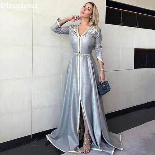 New Muslim Style Evening Dress Silver A-line Satin Long Sleeves Applique Simple Split V-neck A-line Prom Dress вечернее платье