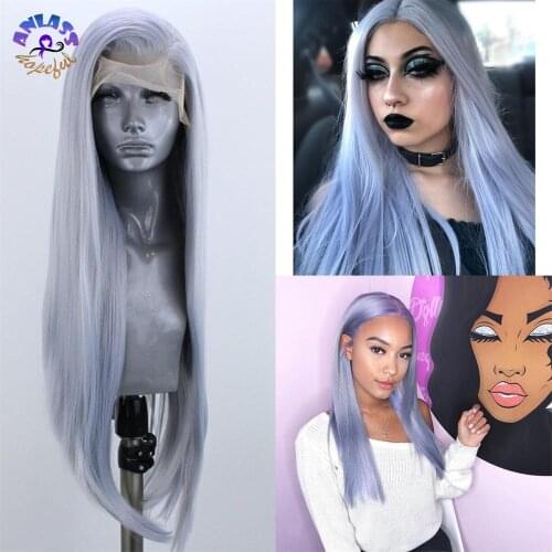 Pelucas Sintéticas Grey Mixed Blue 13X3 Synthetic Lace Front Wig Silky Straight Lace Frontal Wig With Baby Hair For Women
