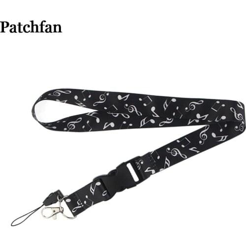 A2330 Patchfan Musical notes Black lanyard Couple ID Pass Card Badge Cartoon Neck Straps Gym Key Mobile Phone USB Holder webing