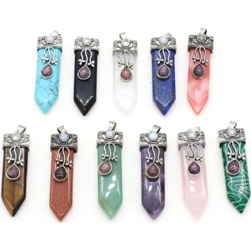 Natural Stone Alloy Pendant Amethyst Malachite lapis lazuli Column Shape Charms for Unisex DIY Necklace Making Jewelry 16x57mm