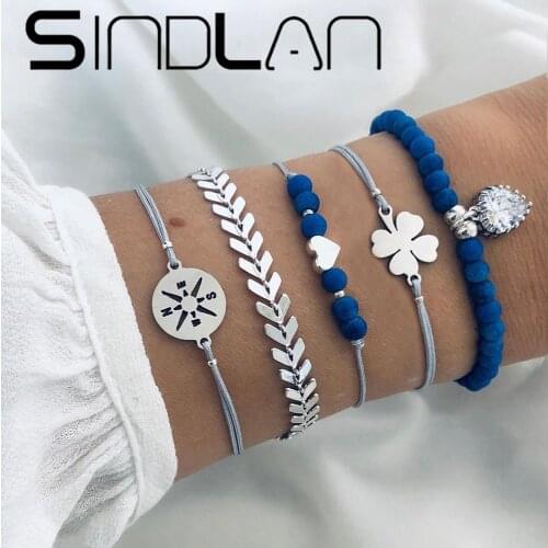 Sindlan 5PCs Bohemia Blue Beads Weave Bracelets for Women Charm Heart Trendy Bangle Set Wrist Chain Fashion Jewelry Pulsera Gift