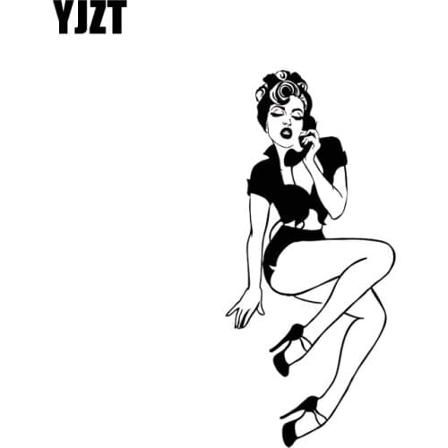 YJZT 6*13.4CM Pin-Up Girl Style Sexy Retro Woman With Phone Vinyl Car-styling Car Sticker Decals Black/Silver C20-0022