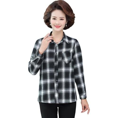 Women Tops Collared Button Down Shirts Ladies Blouses Long Sleeve Plaid Shirt Hot Sale Middle Age Mother Plus Size Clothing
