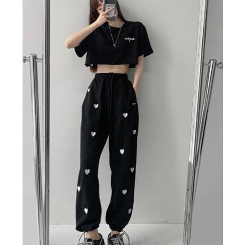 2021 Hot Girls High Waist Printed Love Sweatpants Womens Spring and Autumn Thin Elastic Waist Street Style Guards Casual Loose