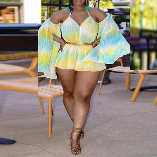 Playsuit and Jumpsuits 2021 Summer New Green Printed Cold Shoulder V Neck High Waisted Fashion Elegant Vocation Holidays Rompers