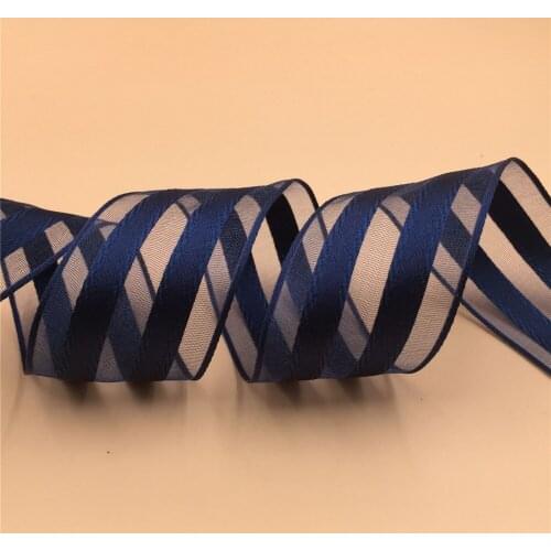 N2192 38mm X 25yards Roll Gift Box Wrapping Wired Edged Ribbon Navy Blue Striped Organza Satin Ribbon