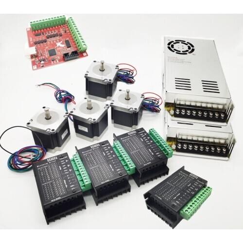 4Axis Nema23 Kit 1.2Nm/1.8Nm Shaft Stepper Motor + DC9-42V Driver + 400W DC36V Power Supply + USB Mach3 Control card