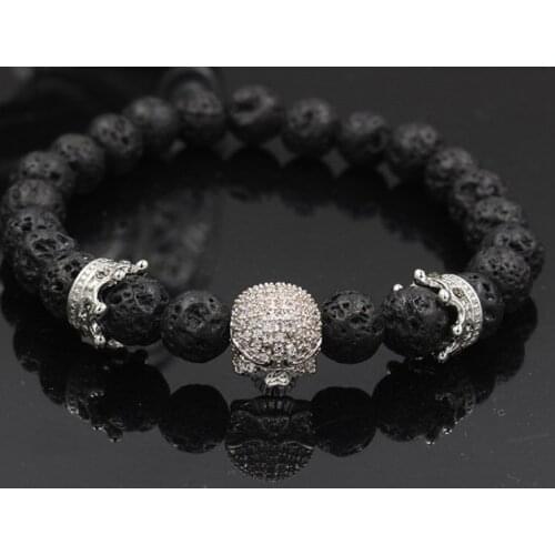 8mm xg42 gold silver crown black stone volcanic lava skull micro pave cz zircon cubic zirconia Bracelet Yoga Reiki Chakra