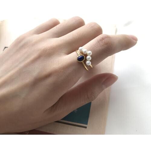 18K GOLD Authentic 925 sterling silver TWO Layered Rows Shell Pearl &Stone Ring adjust Jewelry TLJ1216