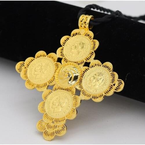 24k Big Cross Chain for Men Women Indian Pendant Necklace Gold Plated Coins Ethiopian Black Rope Jesus Christmas Gift