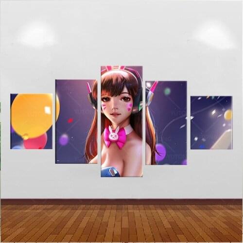 Home Decor Poster HD Pictures Prints Canvas 5 Piece Modular Bunny Girl DVA Overwatch Game Living Room Decorative Painting Framed
