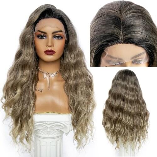 Long Wavy Synthetic Lace Front Wig 13*4 Cosplay Natural HairWigs Ombre Brown for White Women High Temperature Fiber Dreamice