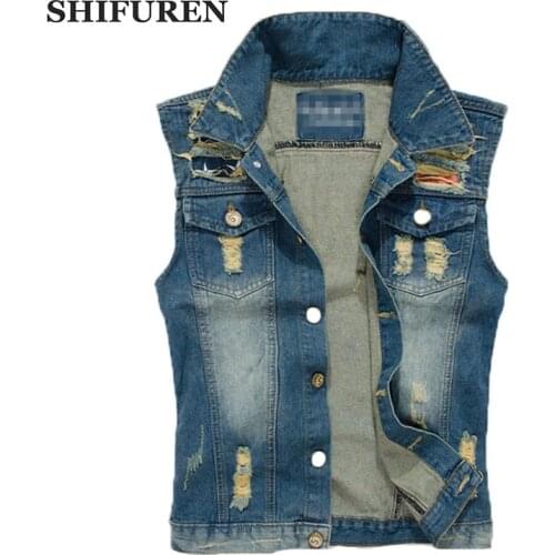 SHIFUREN Big Size M-5XL Ripped Jeans Vest Motorcycle Biker Cotton Denim Vest Male Single Breasted Cowboy Frayed Waistcoat