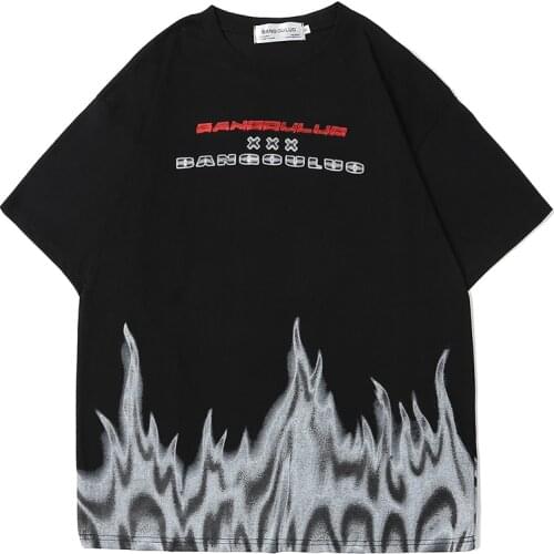 T Shirt Men Goth Flame Printed Harajuku Tops Tees Hip Hop Streetwear Tshirt 2021 Loose 100% Cotton Casual Male T-shirts