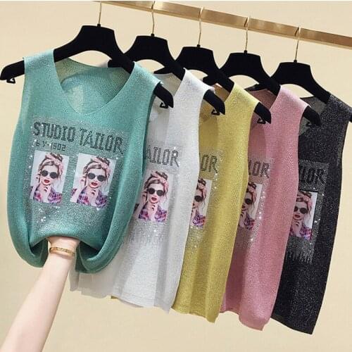 Sleeveless Summer Diamond T Shirt Women Cotton Casual print T-Shirt Women Korean Tops Tee Shirt Femme Slim Black Tshirt Harajuku