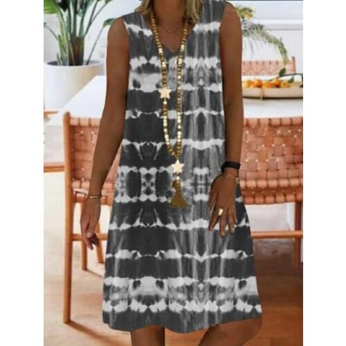 2021 hot selling European and American style leisure and comfortable cotton mixed digital printing V collar sleeveless dress wom