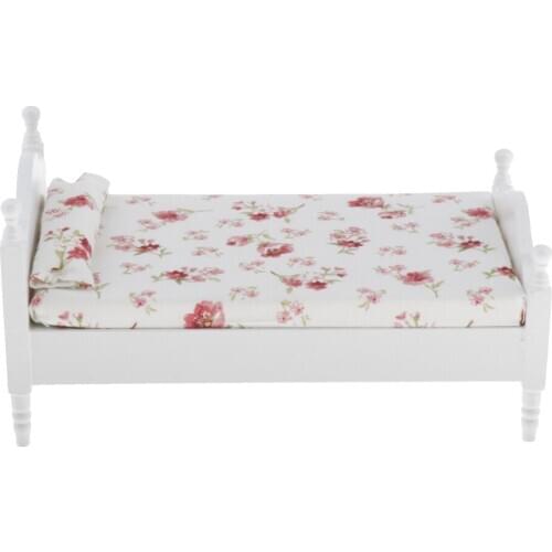 MagiDeal 1:12 Dollhouse Miniatures Wooden White Floral Bed Bedroom Furniture Toy
