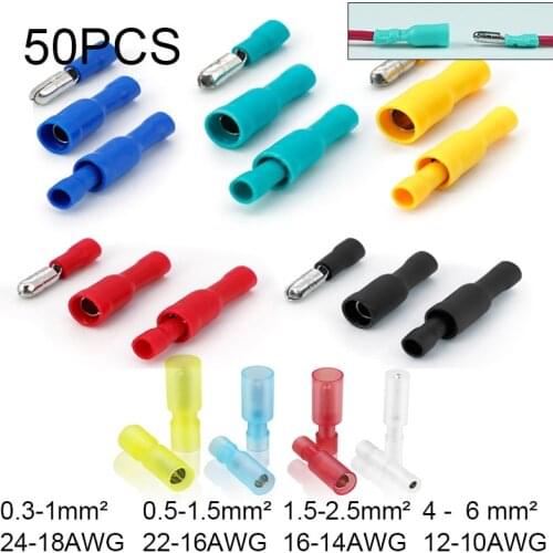 50Pcs Isolated Bullet Contacts Elelctric Terminals Crimp for Wire Connectors Terminator Butt Splice Electrical Cable Accessories