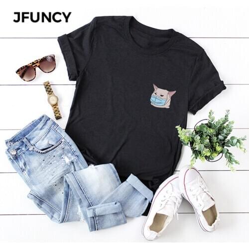 JFUNCY Dog with Mask Print T Shirt Women Summer Shirts 100% Cotton Short Sleeve Woman T-shirt Oversize Casual Female Tees Tops