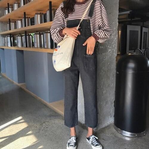 Jumpsuits Women Black Denim Womens Loose Overalls Pockets Rompers Casual Korean Style Students Fashion Female Jumpsuit Clothes