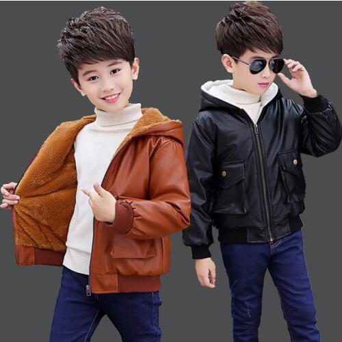 Boy Plus Velvet Leather Jacket 2019 New Winter Warm Coat Fashion Thick Hooded Big Pockets Children Boy Pu Leather Jackets