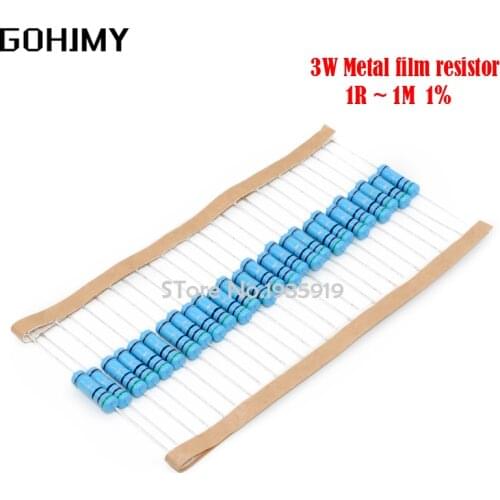10pcs 3W Metal film resistor 1% 1R ~ 1M 1R 4.7R 10R 22R 33R 47R 1K 4.7K 10K 100K 1 4.7 10 22 33 47 4K7 ohm