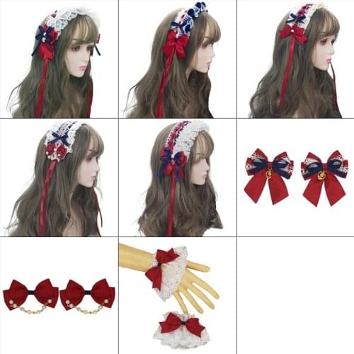 Japanese Lolita Girls Sweet Hair Accessories Kawaii Anime Cosplay Lace Ribbon Bowknot Headband Hairpins Wrist Cuffs