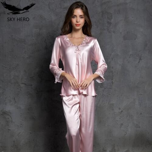 Pink Womens Pajamas Sets Emulation Silk Striped Pyjama Women Sleepwear Sets Female Spring Summer Autumn Woman Homewear