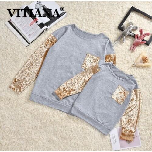 Mother Girl Velvet Long Sleeve Autumn Spring 2021 Women Gray Pullovers Casual Tshirt Mommy and Daughter Matching Clothes