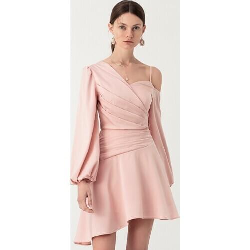 YIGELILA New Arrivals Fashion Women Pink Short Dress Solid Spaghetti Strap V-neck Dress Lantern Sleeves Empire Slim Dress 65520