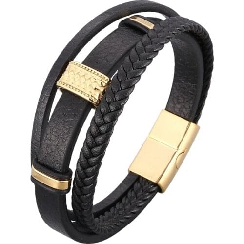Luxury Jewelry for Men Trendy Multilayer Braided Rope Leather Bracelets Gold Stainless Steel Magnetic Clasp Male Bangles PD1050