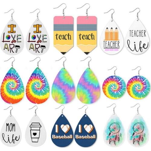 Cute Tie Dye Colorful Leather Earrings for Women Nurse Teach Pencil Pring Leather Teardrop Earrings Teachers' Day Gift Wholesale