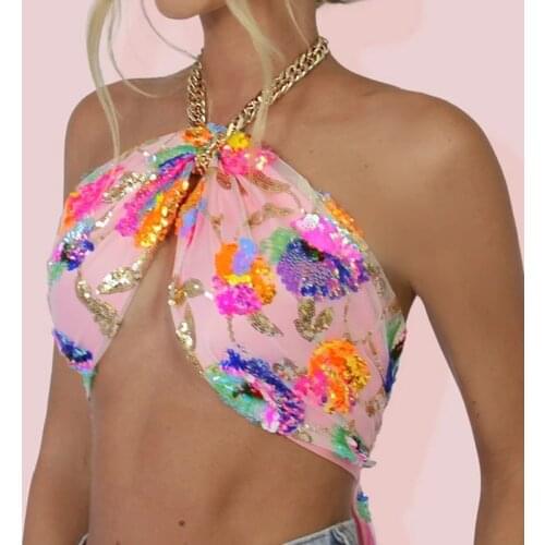 2021 Women Summer Sexy Tank Tops Sequined Chain Halter-Neck Sleeveless Backless Knotted Crop Tops for Girls White/Pink