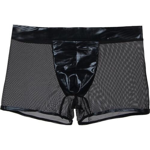 Ropa Interior Hombre Mesh See Through Hollow Out Sexy Boxershorts Men Briefs Black Leather Man Sex Underwear Lingerie MPS047