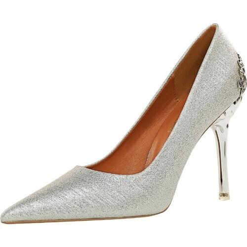 Gold Silver High Heels Shoes Women fashion Satin stiletto Ladies Single Shoes Pointed Toe Shallow Girls High Heels Wedding Shoes