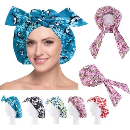Waterproof Bow Bonnet Reusable Shower Cap for Lady Elasticized Hair Shower Cap for All Hair Length Spa Home Hotel and Hair Salon