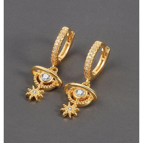 Crystal Korean Planet Star Hoop Earrings for Women Cubic Zircon Dangle Earrings Gold Plated Color Female Jewelry 2021 Punk M4