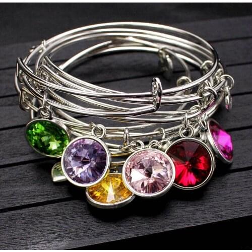 12 Birthstone Crystal Bangle Expandable Wire Bracelets Bangles for Women Adjustable Birthday Gift Jewelry