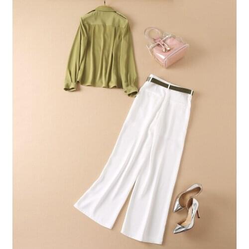 High Quality Designer Clothing Sets 2021 Autumn Women Turn-down Collar Long Sleeve Button Shirts+Belted White Pant Sets Casual