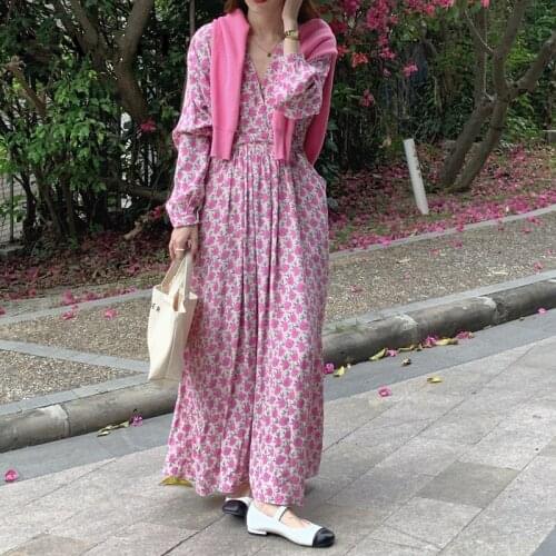 Vintage Floral Print Womens Long Dress Spring Autumn 2021 New Long Sleeve Chic Cross V-Neck Casual Loose Beach Dress Pockets