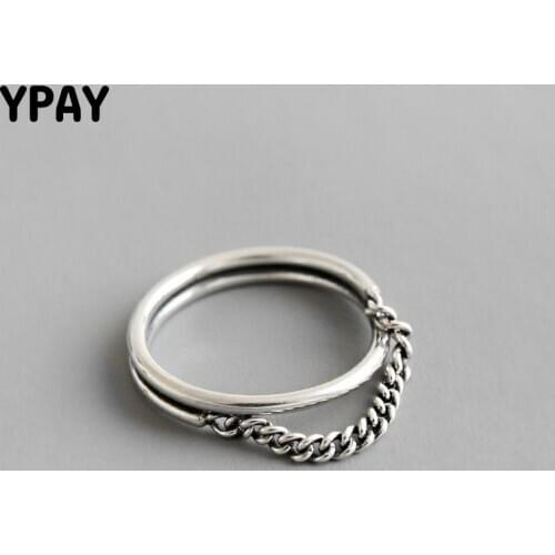 YPAY 100% Solid 925 Sterling Silver Open Rings for Women Korea Vintage Chain Adjustable Finger Ring Bague Fine Jewelry YMR980