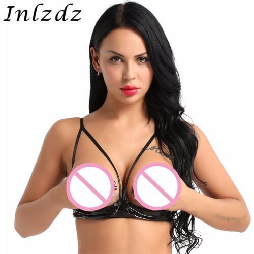 Womens Lingerie Latex Bra Top Lingerie Leather Wire-free Unlined Bra Soft Sheer Adjustable Spaghetti Straps Open Cup Exotic Bra