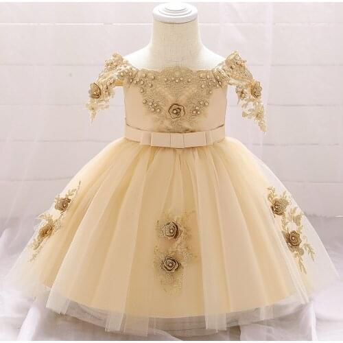 2021 Newborn Lace One Shoulder 1st Birthday Dress For Baby Girl beading Princess Dresses Flower Dress Party And Wedding Clothing
