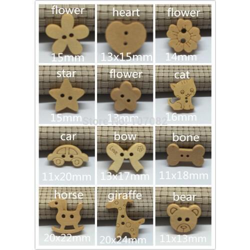300pcs Natural Wooden Buttons Embellishments Scrapbooking Cardmaking Giraffe Horse Bow Car Cat Bear Flower Button 12 Patterns