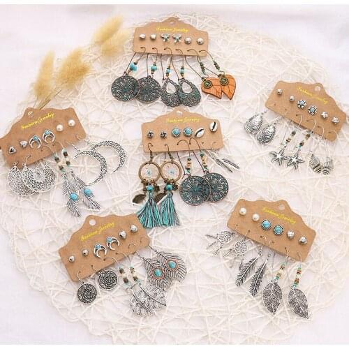 6Pcs/Set New Ethnic Beads Drop Earrings Set For Women Fearther Acrylic Metal Wood Dangle Earring 2020 Vintage Jewelry