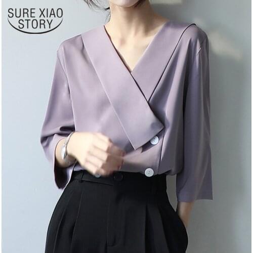 Seven Sleeve Chiffon Women Blouses 2021 Summer Korean V-neck Shirts Women Button Plus Size Female Clothing Bluzka Damska 14759