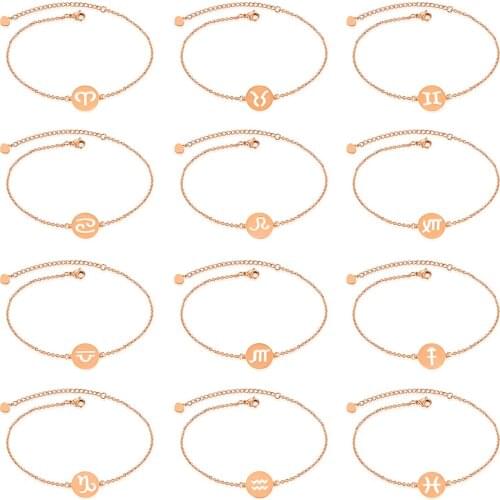 Cyue European Style 12 Constellation Stainless Steel Rose Golden Chain Bracelet Dragon Shrimp Buckle For Women Gift