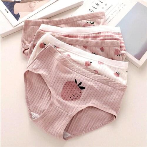 Breathable Cute Sweet Strawberry Girl Briefs Mid Waist Womens Cotton Underwear Female Panties